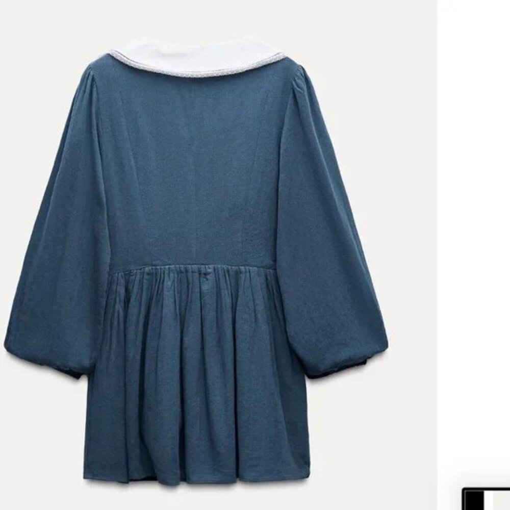 BNWT Size S l Short Dress with V-Neck Bib Peter Pan Collar 0881/202 Zara Blue - Picture 5 of 5